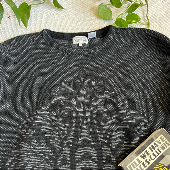 Vintage Wool Intarsia Knit 90s Black Pullover Sweater Large - Picture 2 of 7